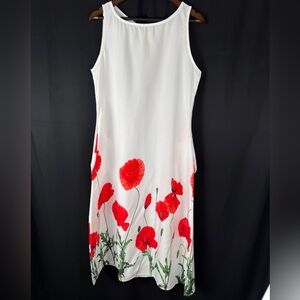 Floral Sleeveless Lightweight Dress With Pockets - White & Red Flowers XL